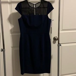 New Vera Wang Navy Dress with Black Mesh Neck
